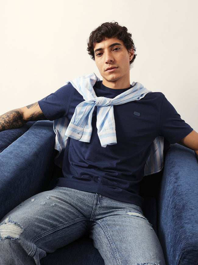 Men Navy Solid Cotton Crew Neck T-Shirt