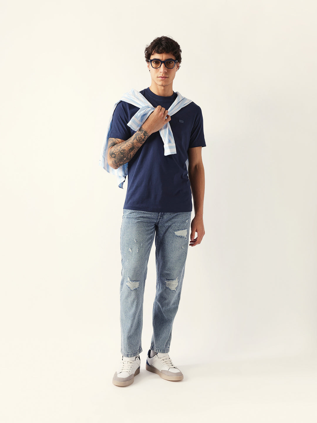 Men Navy Solid Cotton Crew Neck T-Shirt