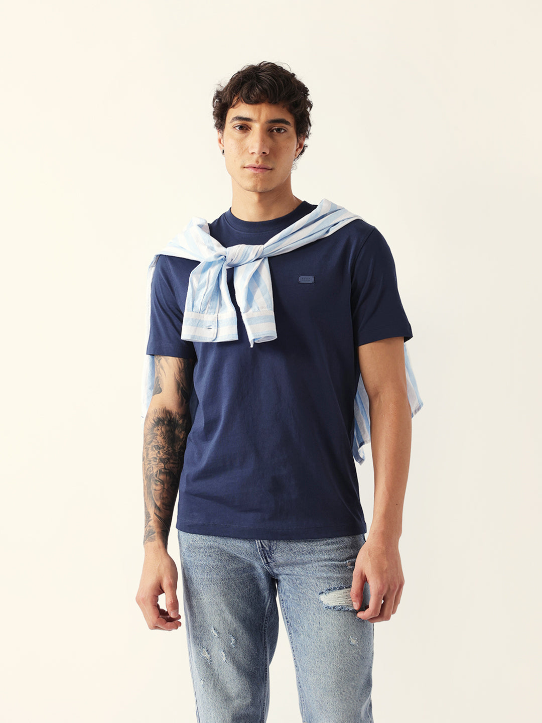 Men Navy Solid Cotton Crew Neck T-Shirt