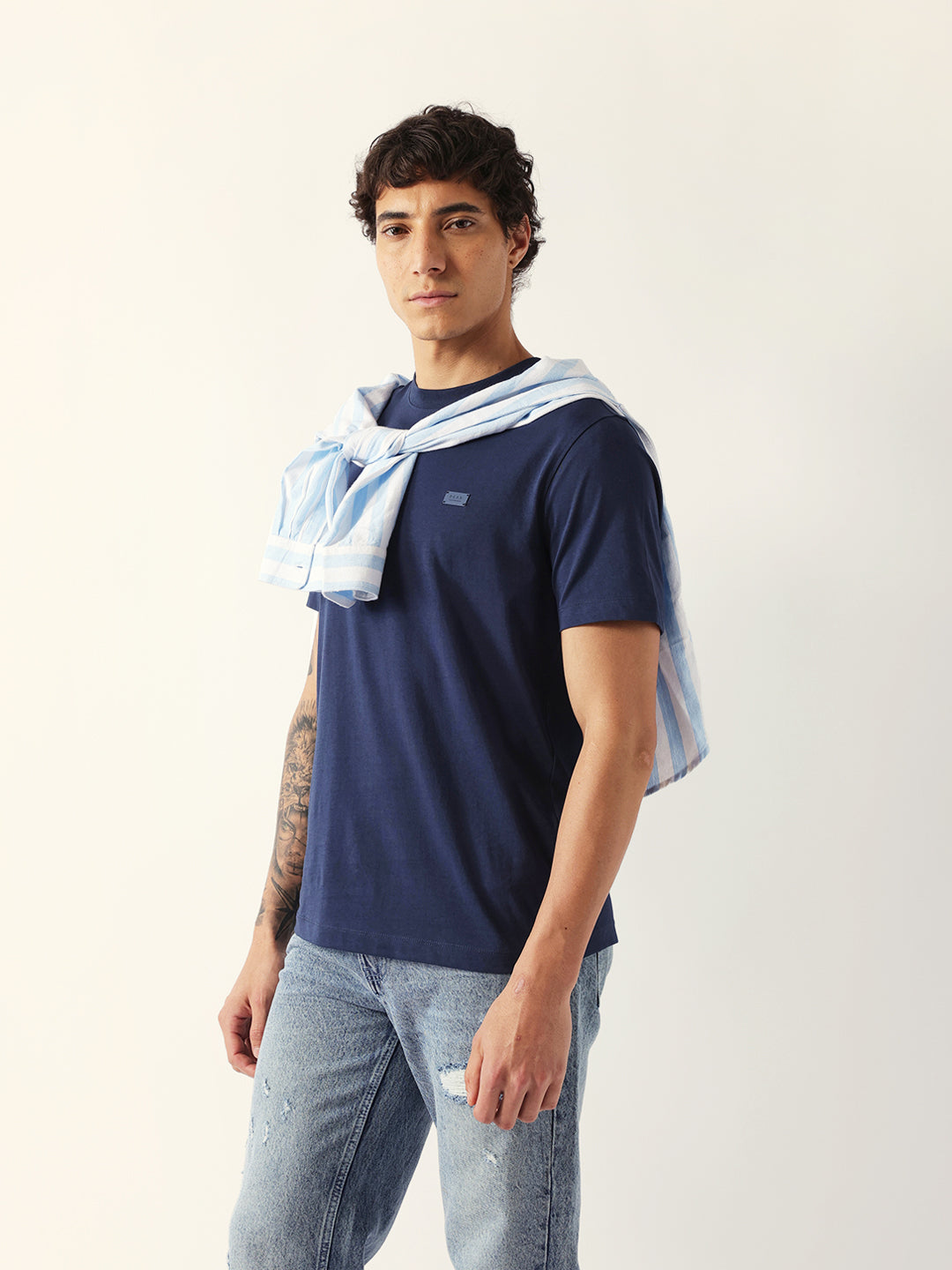 Men Navy Solid Cotton Crew Neck T-Shirt