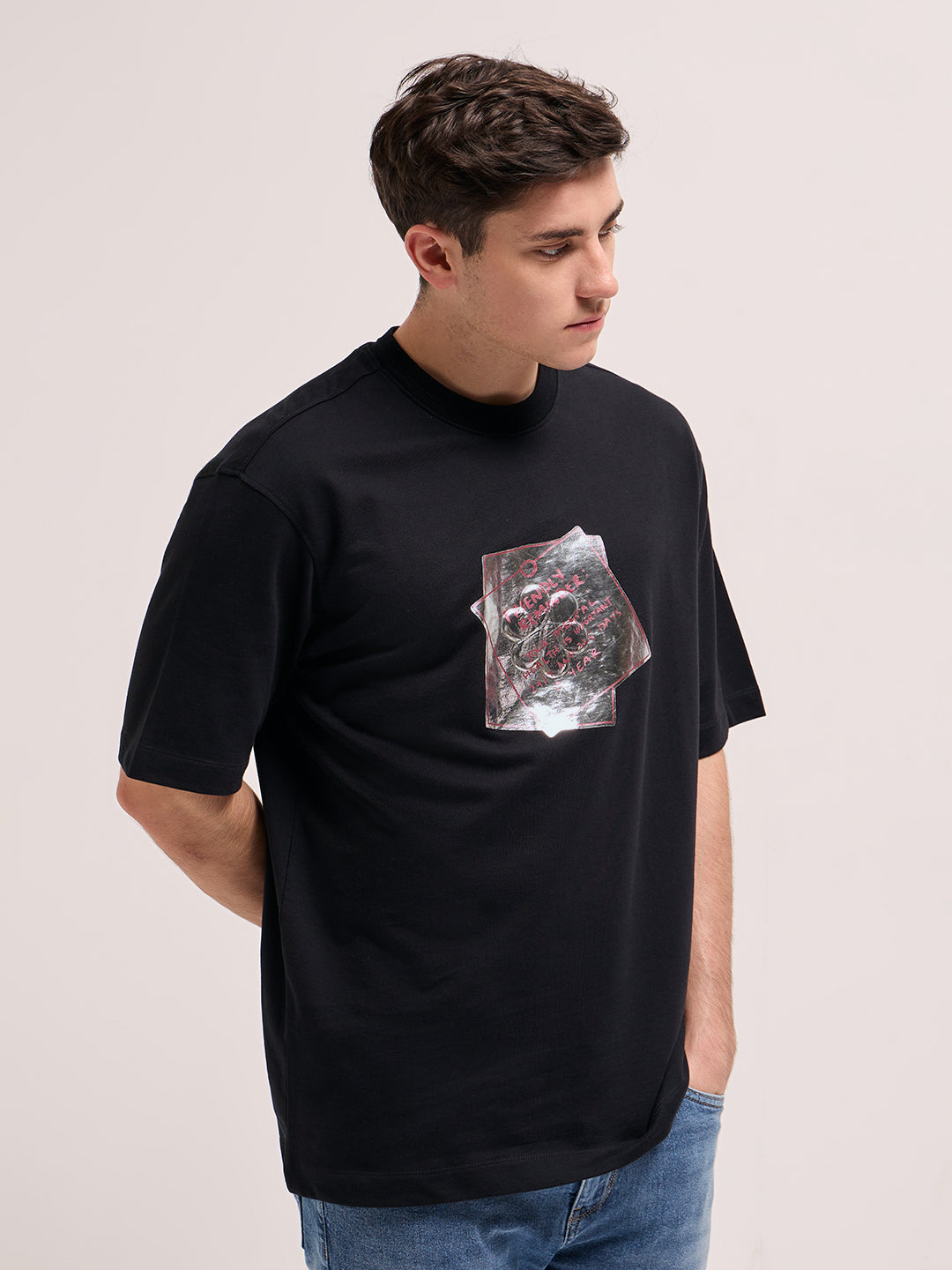 Men Black Oversize Graphic Printed Crew Neck T-shirt