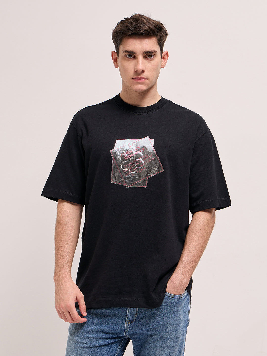 Men Black Oversize Graphic Printed Crew Neck T-shirt