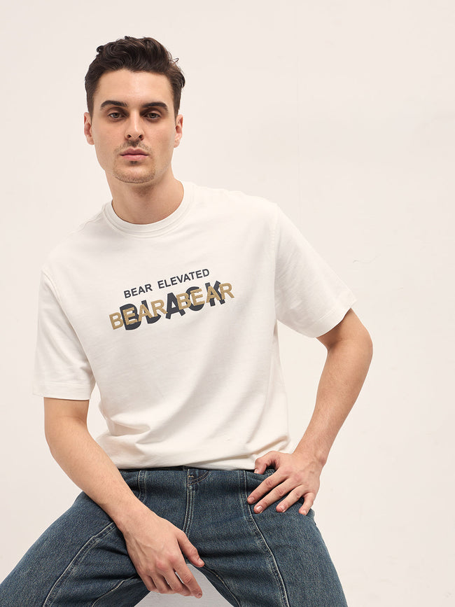 Men White Graphic Overlapping Text Oversize Crew Neck T-shirt