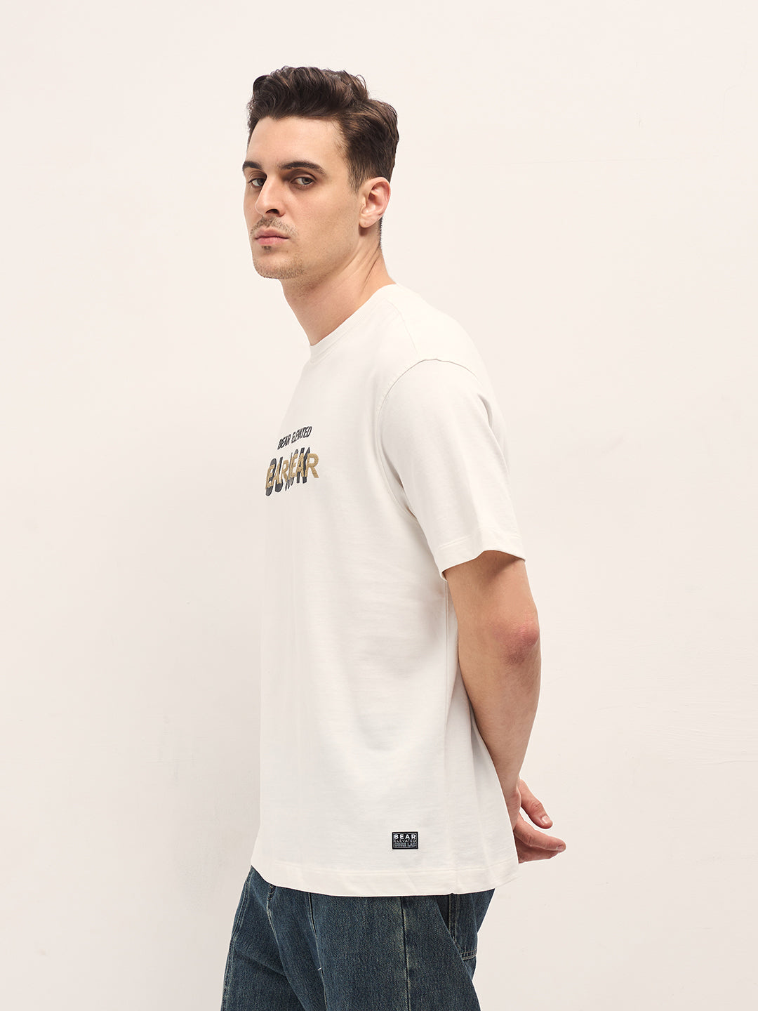 Men White Graphic Overlapping Text Oversize Crew Neck T-shirt