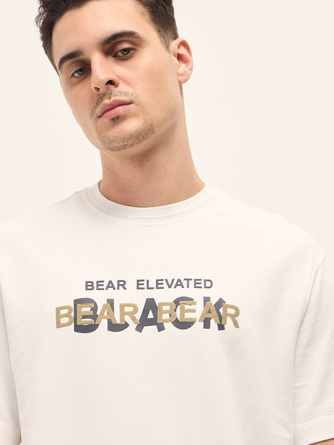 Men White Graphic Overlapping Text Oversize Crew Neck T-shirt