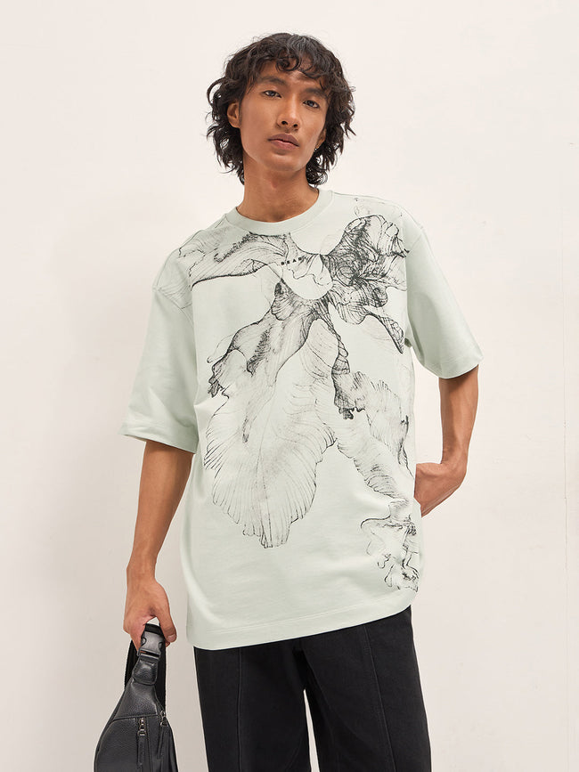 Men Cream Oversized Crew Neck T-Shirt