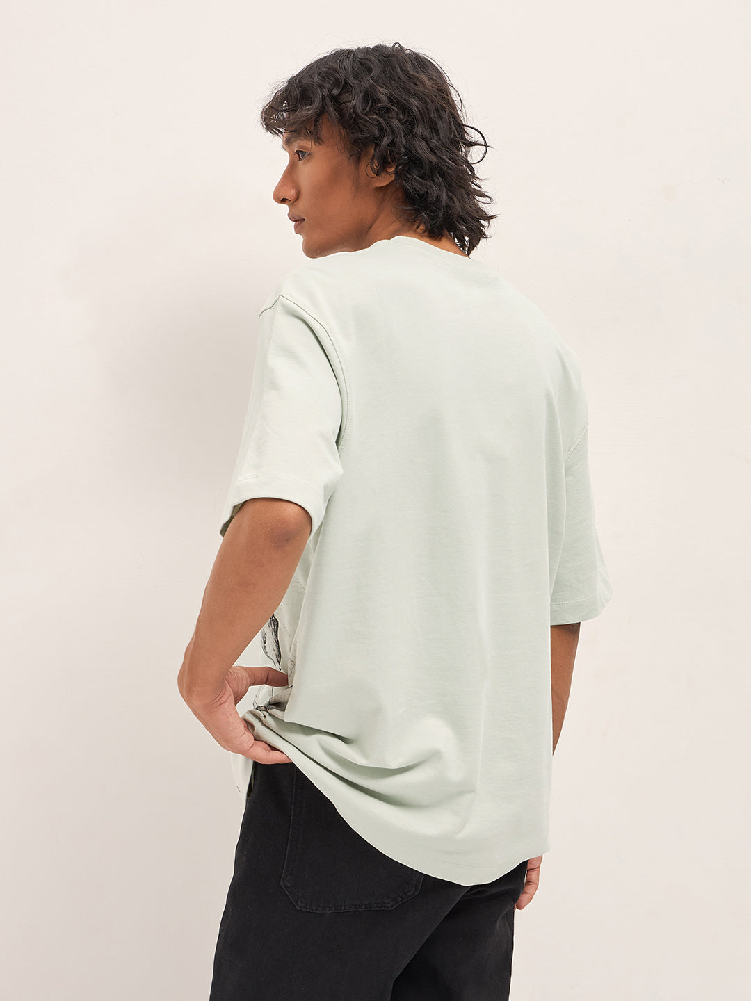 Men Cream Oversized Crew Neck T-Shirt