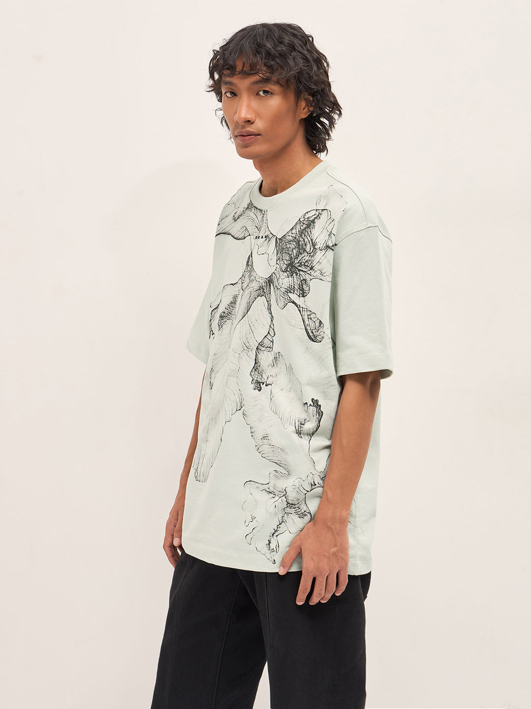 Men Cream Oversized Crew Neck T-Shirt