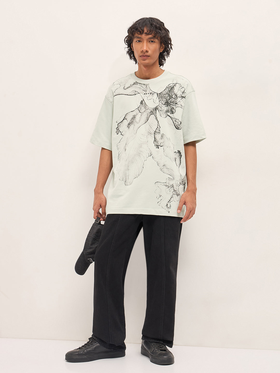 Men Cream Oversized Crew Neck T-Shirt