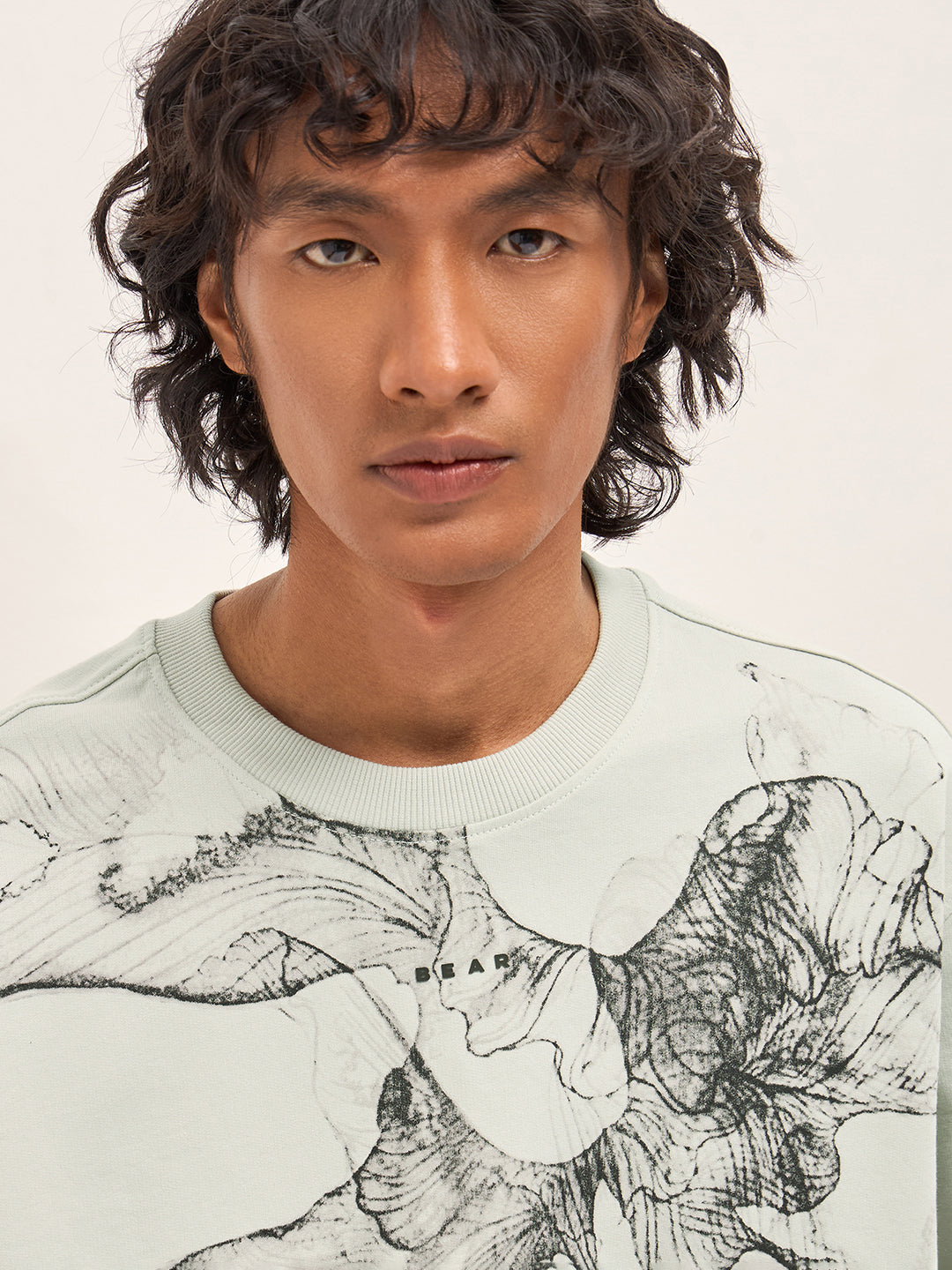 Men Cream Oversized Crew Neck T-Shirt
