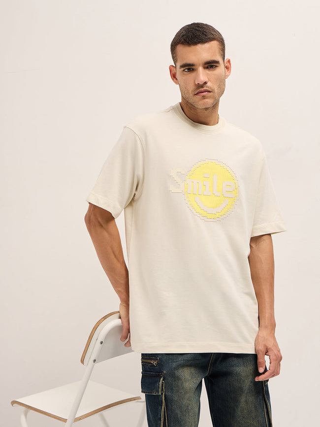 Men Cream Pixelated Smiley Face Oversize Crew Neck T-shirt