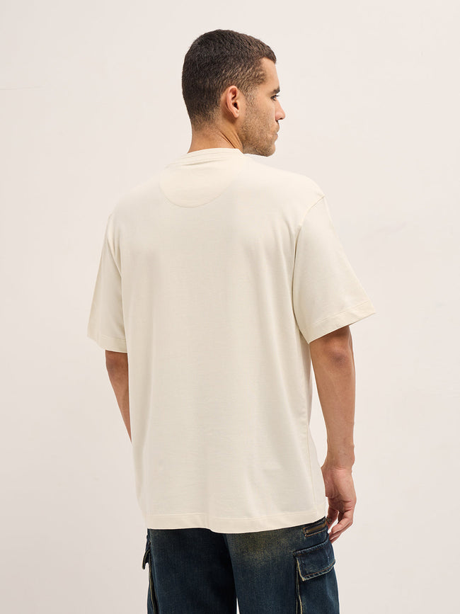 Men Cream Pixelated Smiley Face Oversize Crew Neck T-shirt
