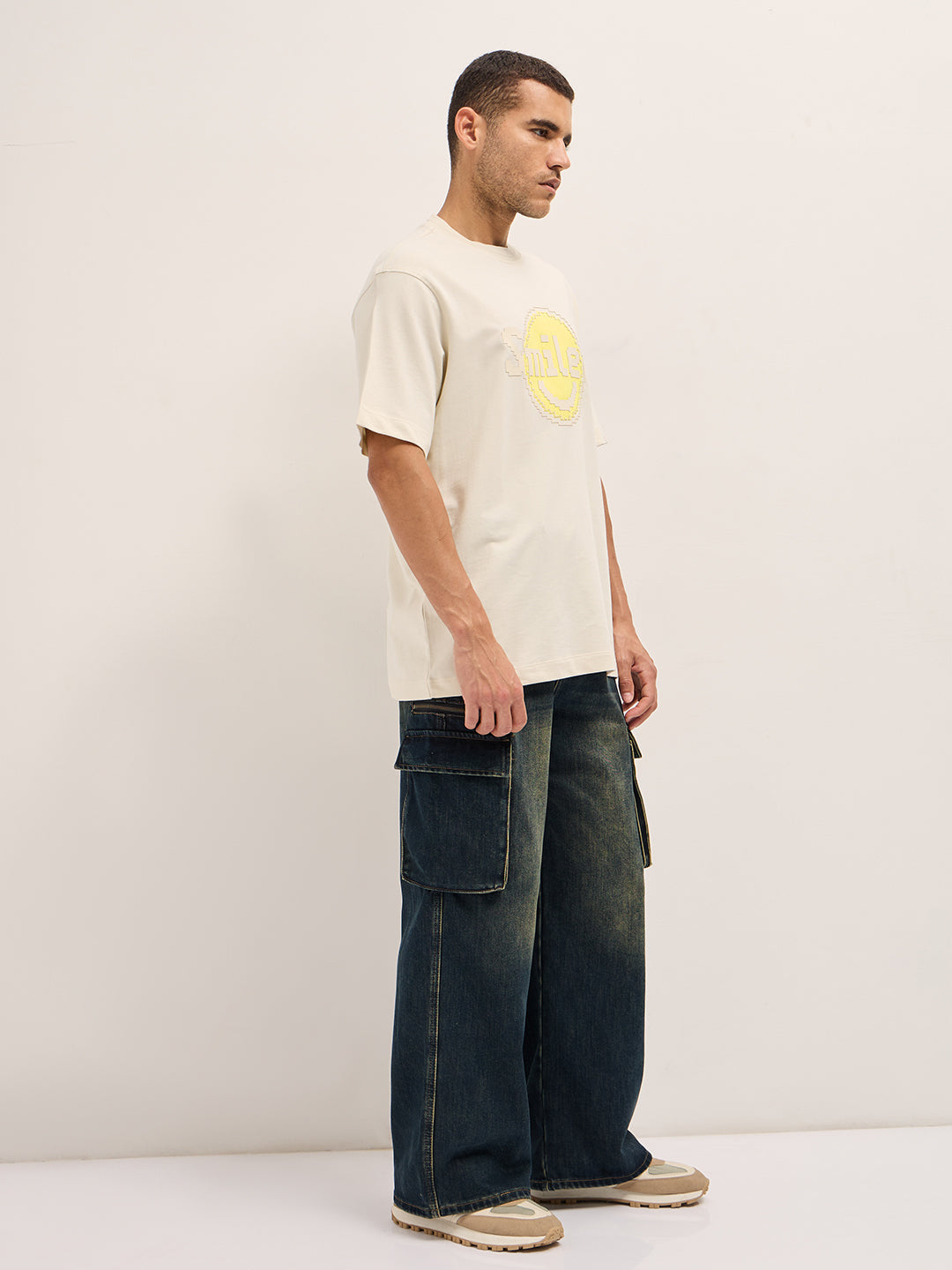 Men Cream Pixelated Smiley Face Oversize Crew Neck T-shirt