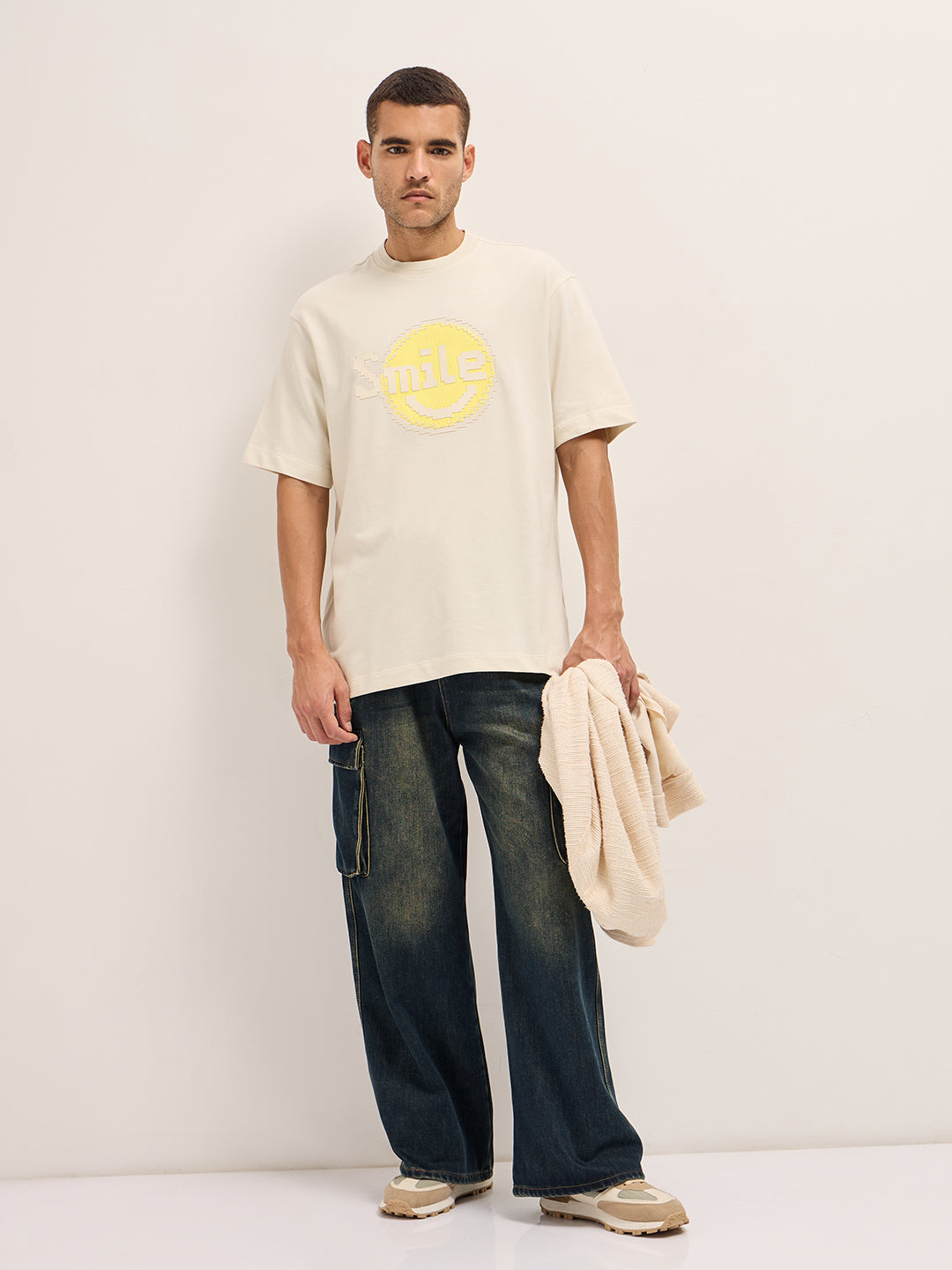 Men Cream Pixelated Smiley Face Oversize Crew Neck T-shirt