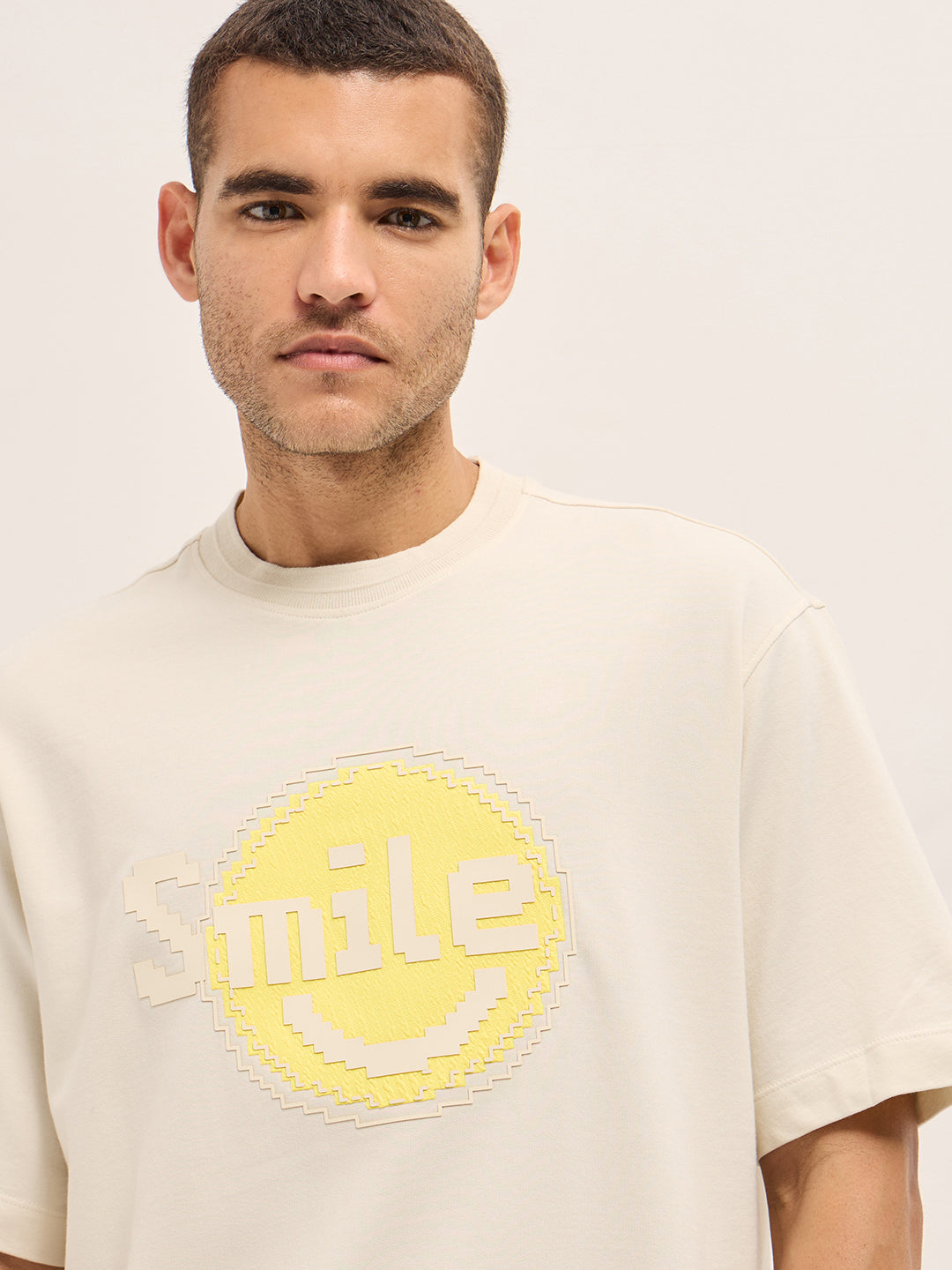 Men Cream Pixelated Smiley Face Oversize Crew Neck T-shirt