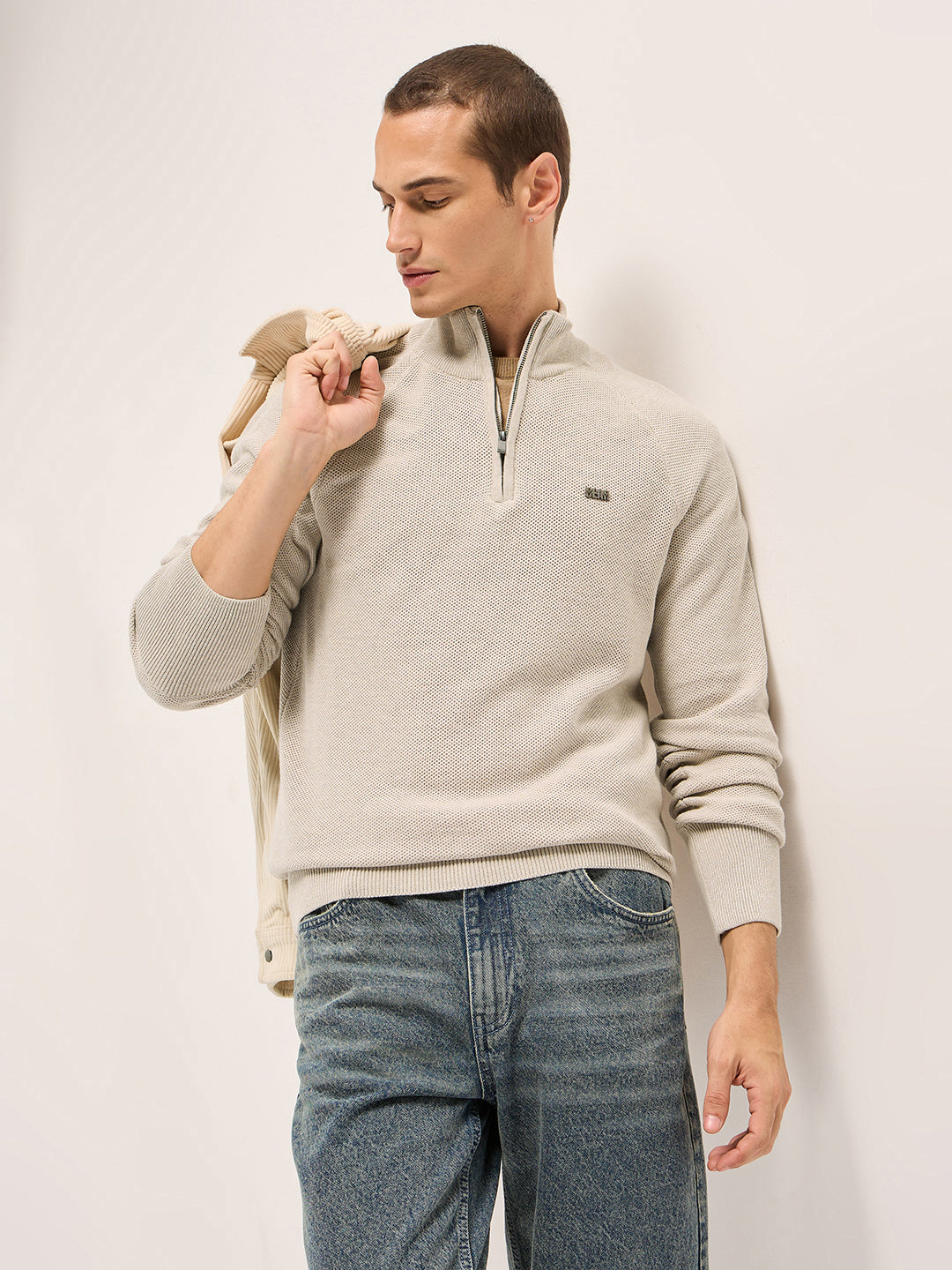Men Beige Cotton Self Design T-Shirt