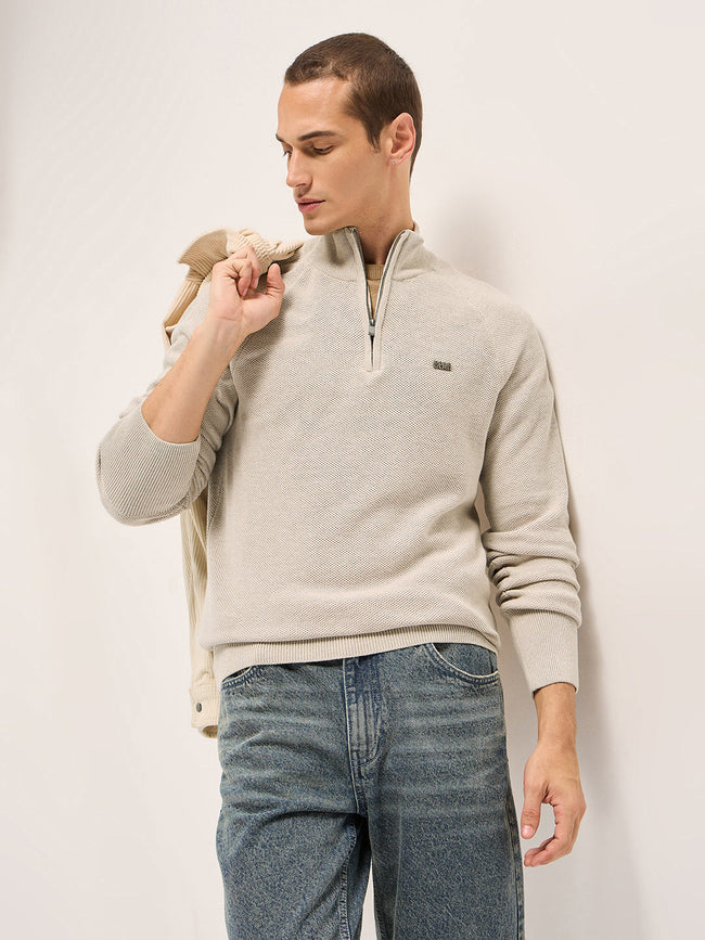 Men Beige Cotton Self Design T-Shirt