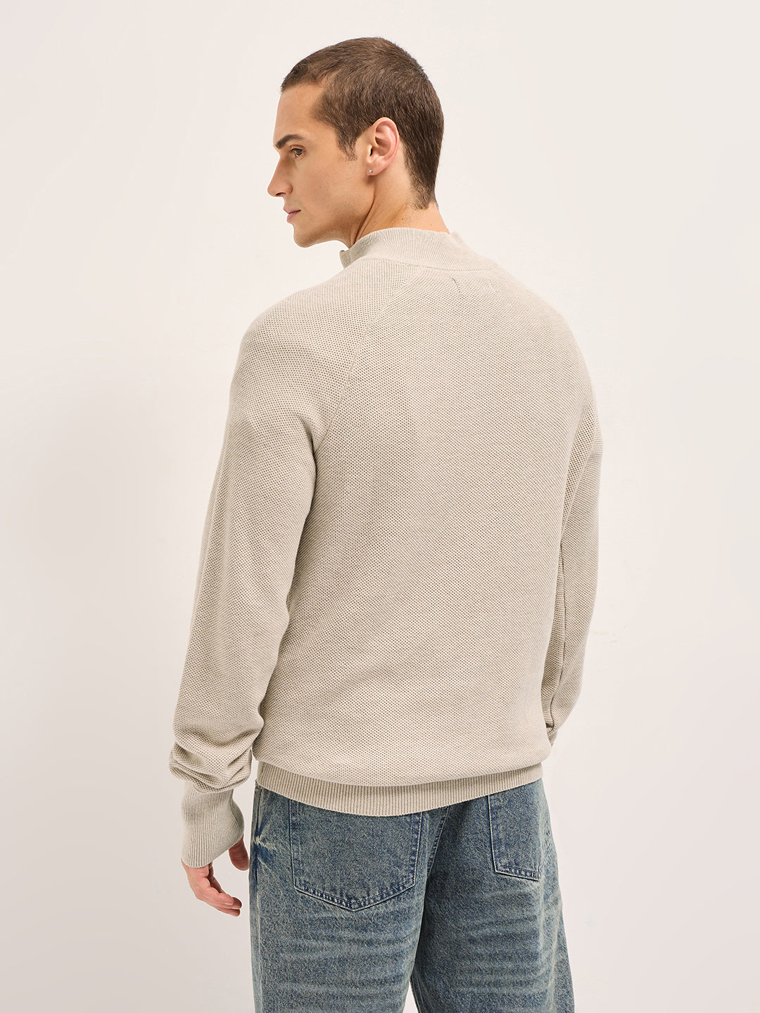 Men Beige Cotton Self Design T-Shirt