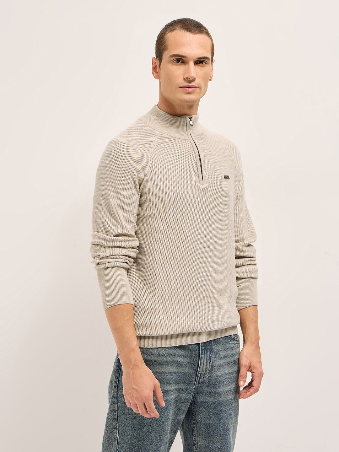 Men Beige Cotton Self Design T-Shirt
