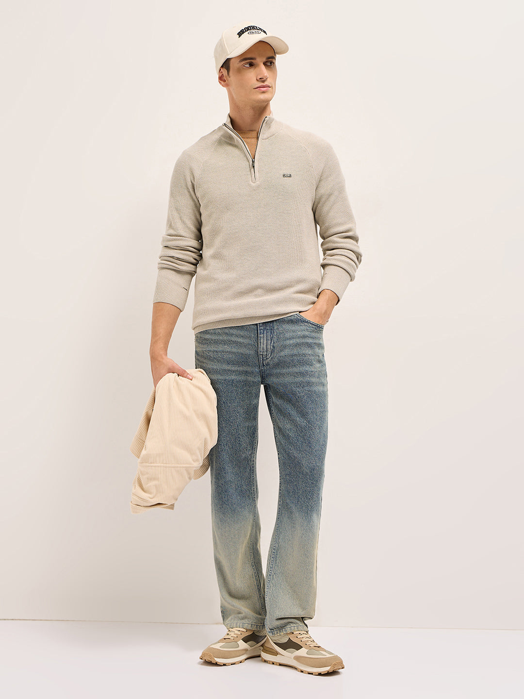 Men Beige Cotton Self Design T-Shirt