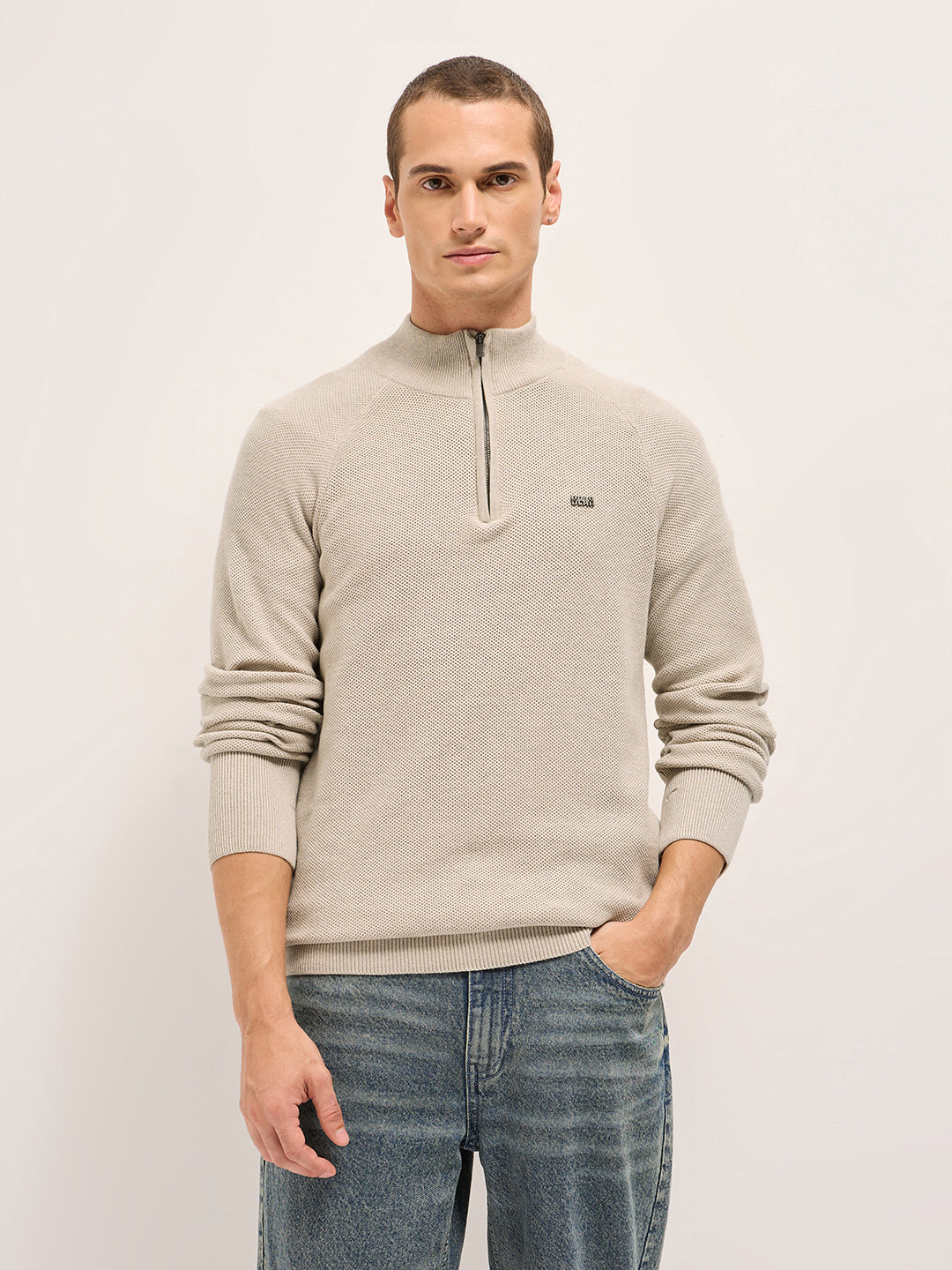 Men Beige Cotton Self Design T-Shirt