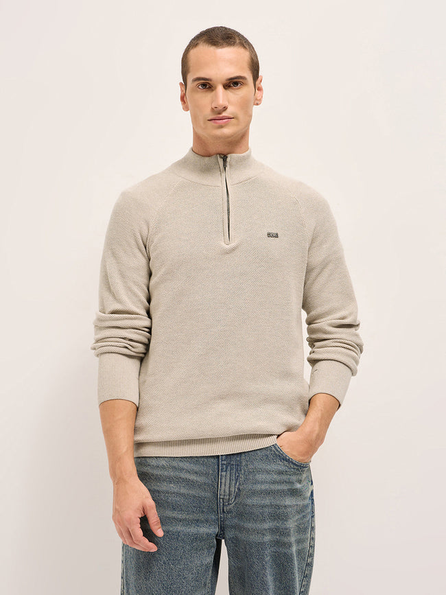 Men Beige Cotton Self Design T-Shirt