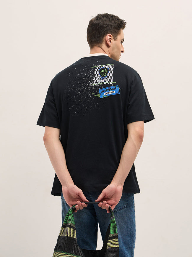 Men Black Oversize Graphic Splatter Crew Neck T-shirt