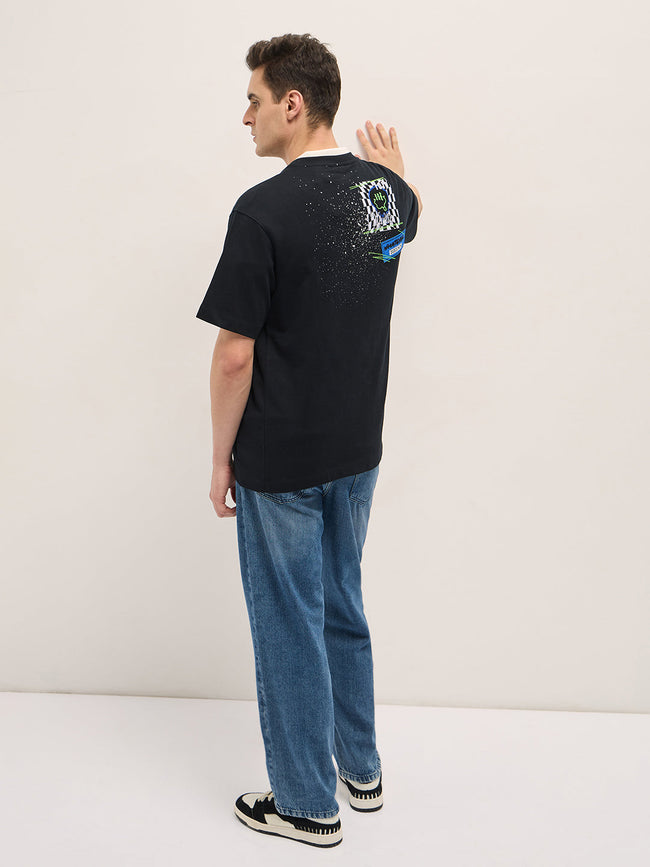 Men Black Oversize Graphic Splatter Crew Neck T-shirt