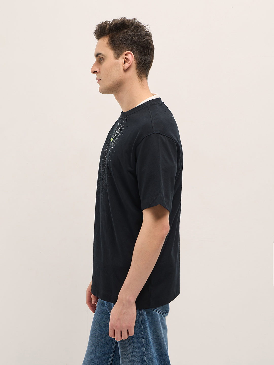 Men Black Oversize Graphic Splatter Crew Neck T-shirt