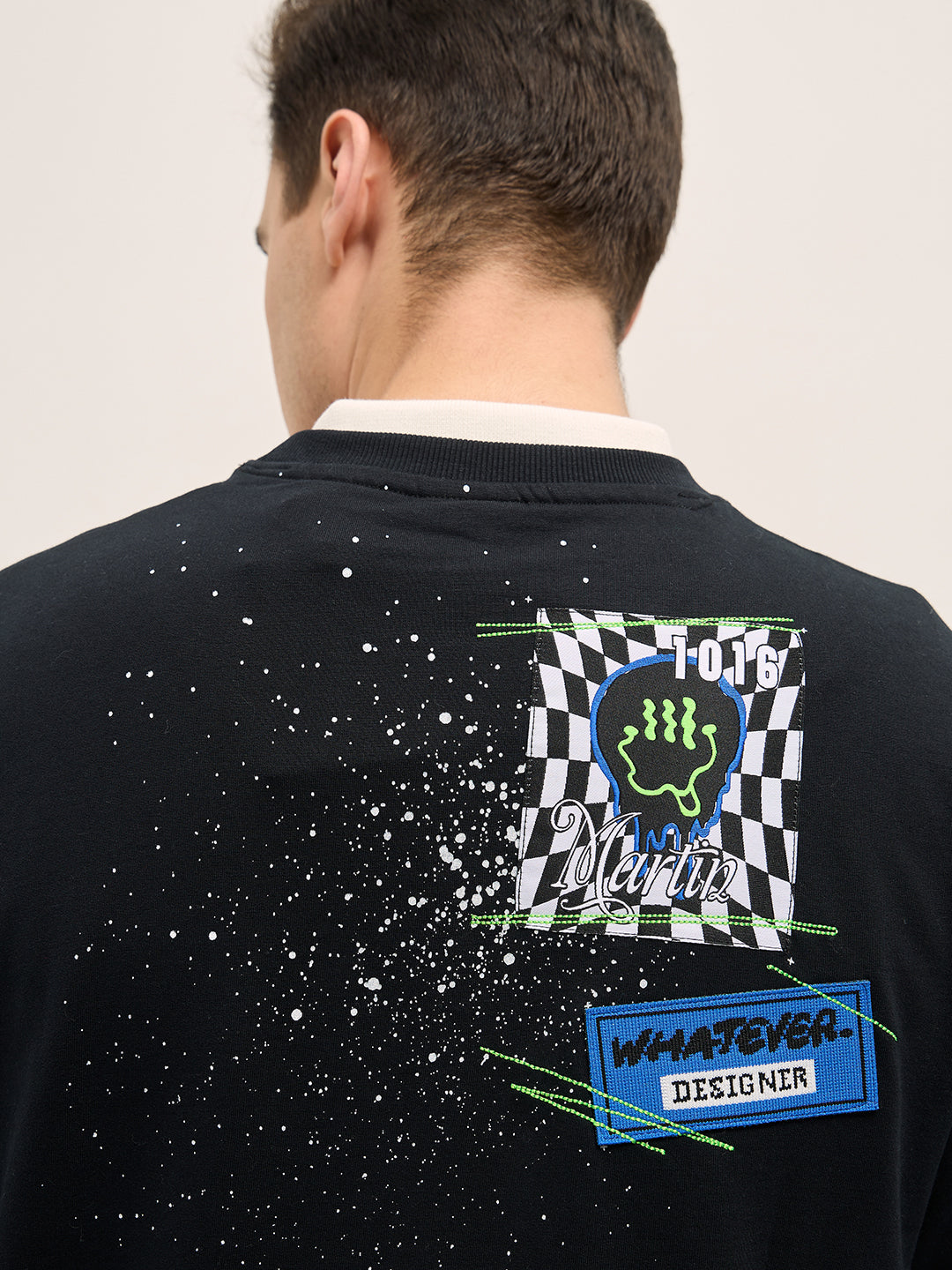 Men Black Oversize Graphic Splatter Crew Neck T-shirt
