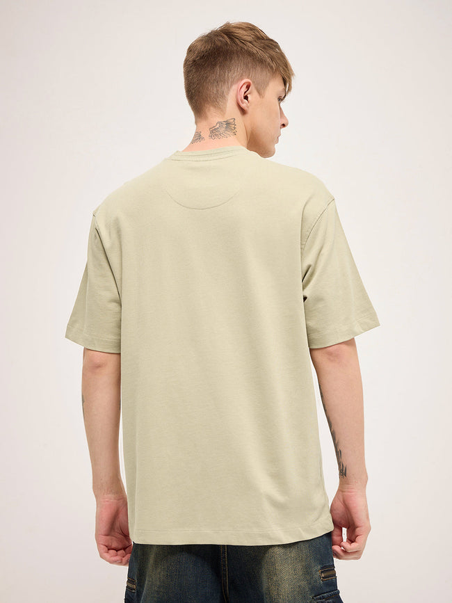 Men Beige 3D graphic Design Crew Neck T-Shirt
