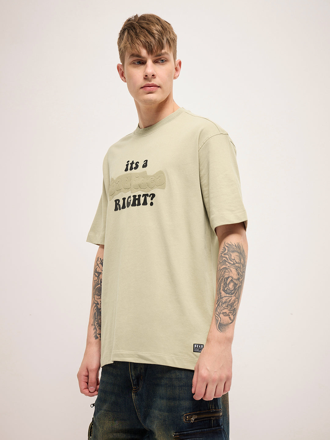 Men Beige 3D graphic Design Crew Neck T-Shirt