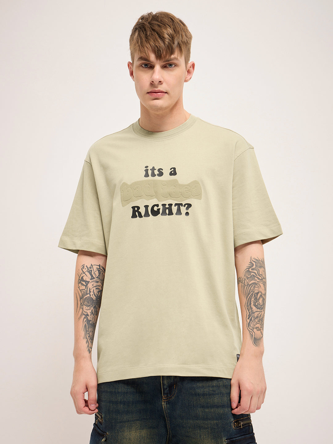 Men Beige 3D graphic Design Crew Neck T-Shirt