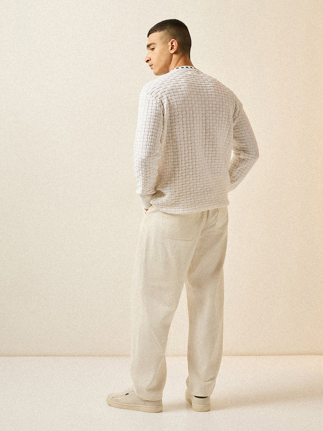 Men White Knitted Textured Regular Fit Ribbed Crew Neck T-shirt