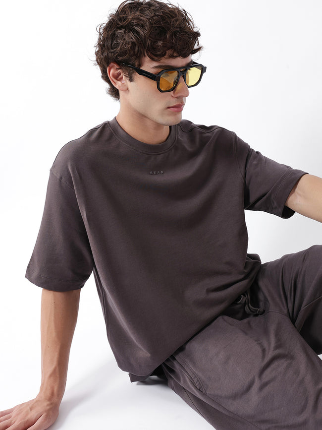 Men Grey Solid Cotton Crew Neck T-Shirt