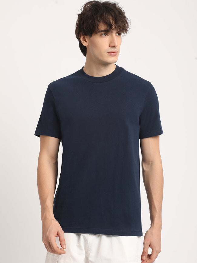 Men Blue Solid Regular Fit cotton Tshirt