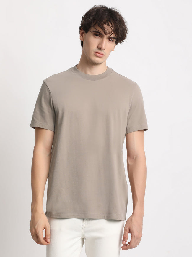 Men Beige Solid Regular Fit Round Neck T Shirt | The Bear House