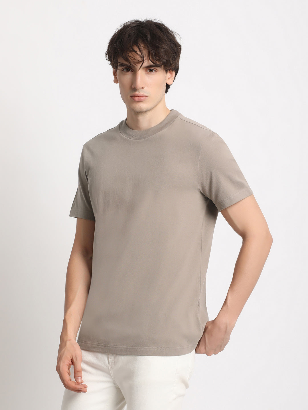 Men Beige Solid Regular Fit Round Neck T Shirt | The Bear House