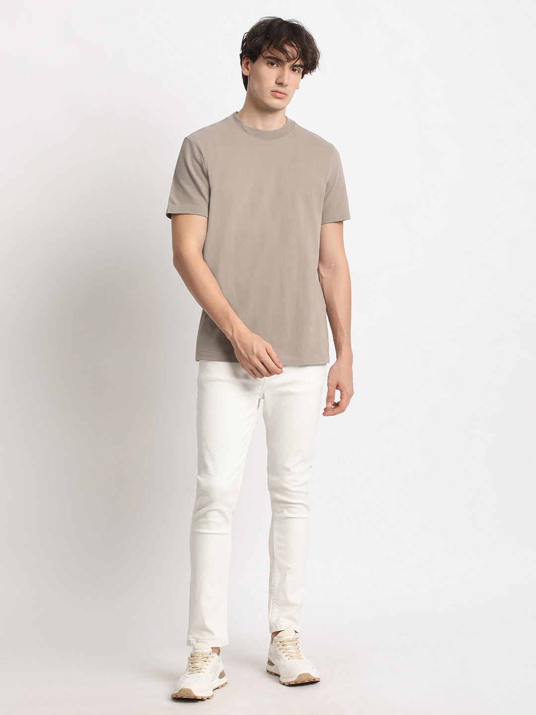 Men Beige Solid Regular Fit Round Neck T Shirt | The Bear House