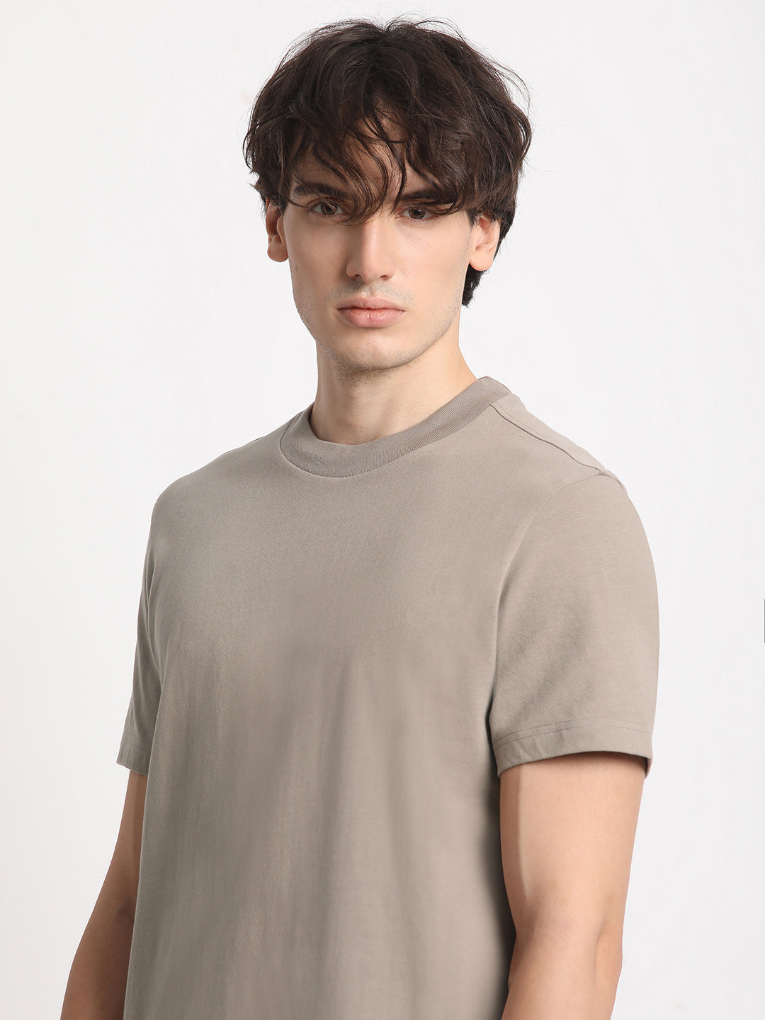 Men Beige Solid Regular Fit Round Neck T Shirt | The Bear House
