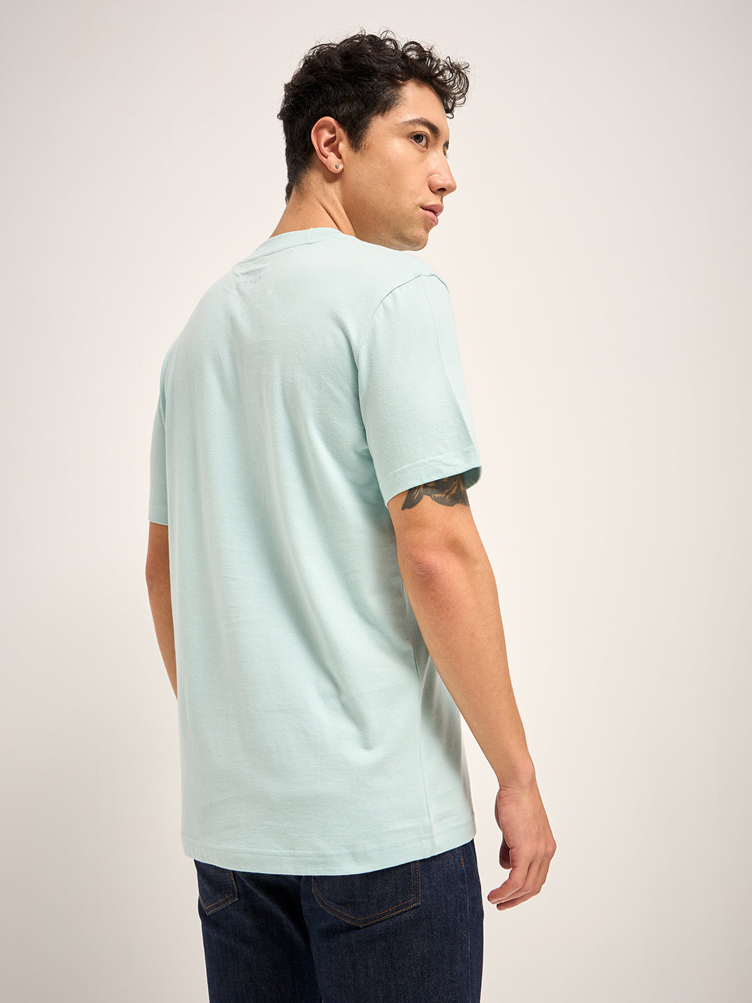 Men Light Blue Solid Crew Neck Regular Fit T-Shirt
