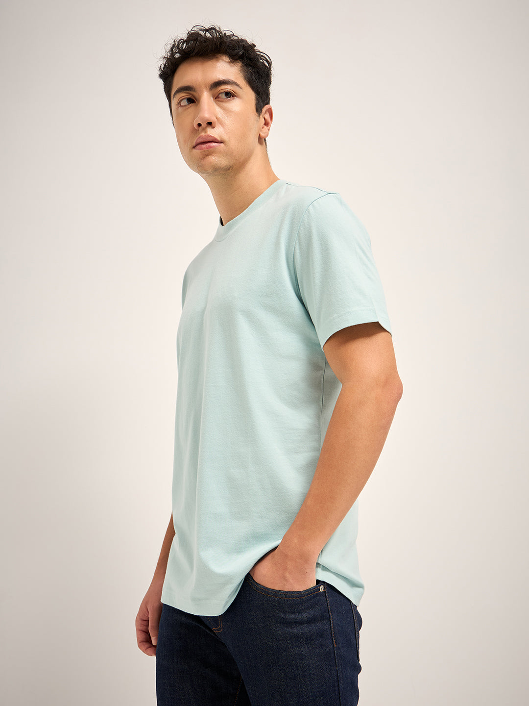 Men Light Blue Solid Crew Neck Regular Fit T-Shirt