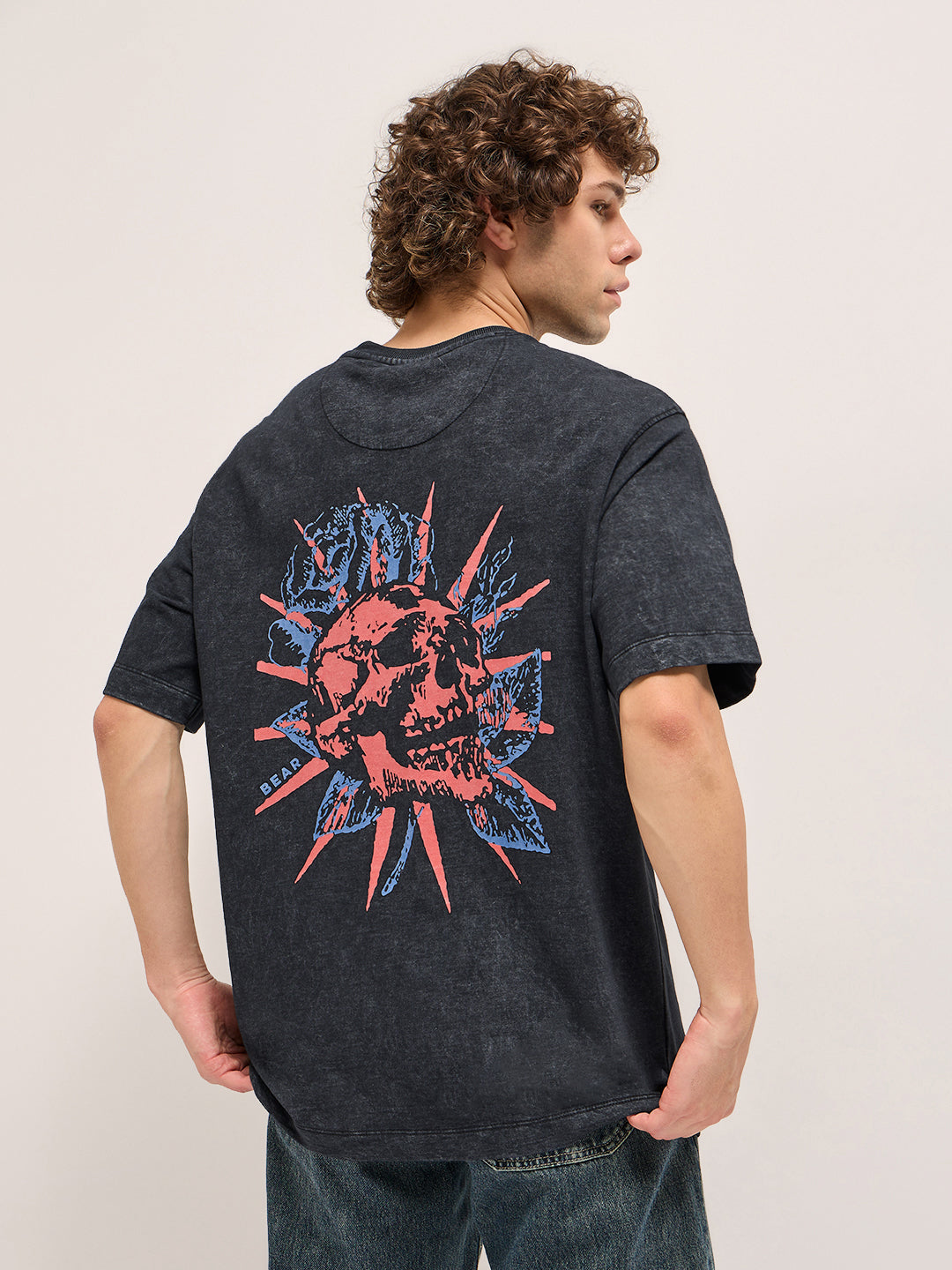 Men Charcoal Grey Oversize skull graphic Crew Neck T-shirt