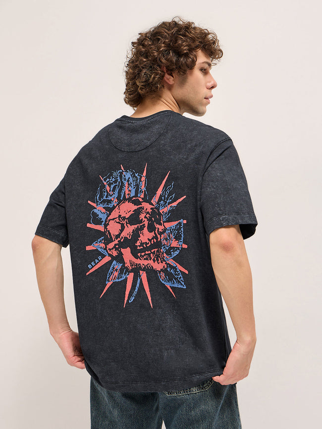 Men Charcoal Grey Oversize skull graphic Crew Neck T-shirt