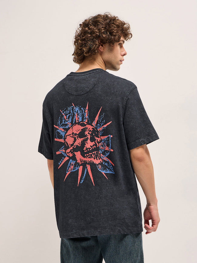 Men Charcoal Grey Oversize skull graphic Crew Neck T-shirt
