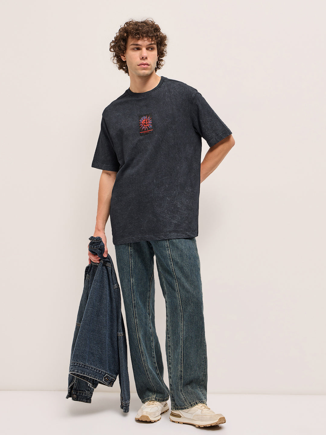 Men Charcoal Grey Oversize skull graphic Crew Neck T-shirt