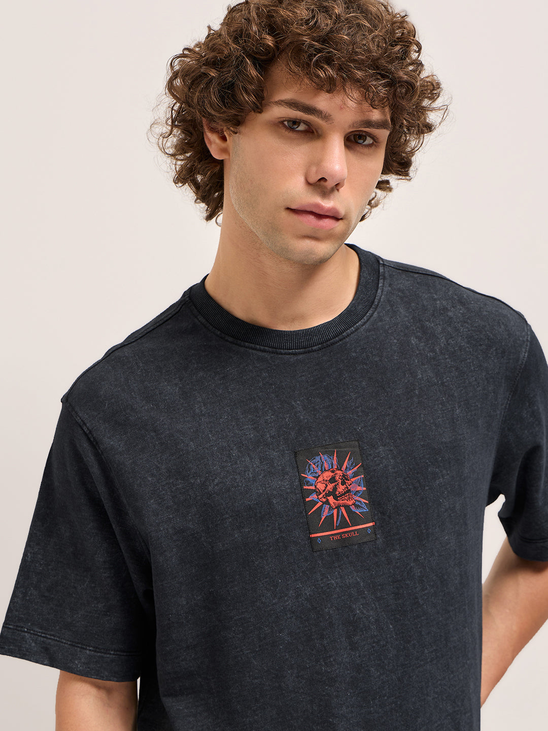 Men Charcoal Grey Oversize skull graphic Crew Neck T-shirt