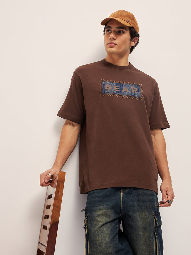 Men Brown 3D graphic Design Crew Neck Oversize T-Shirt