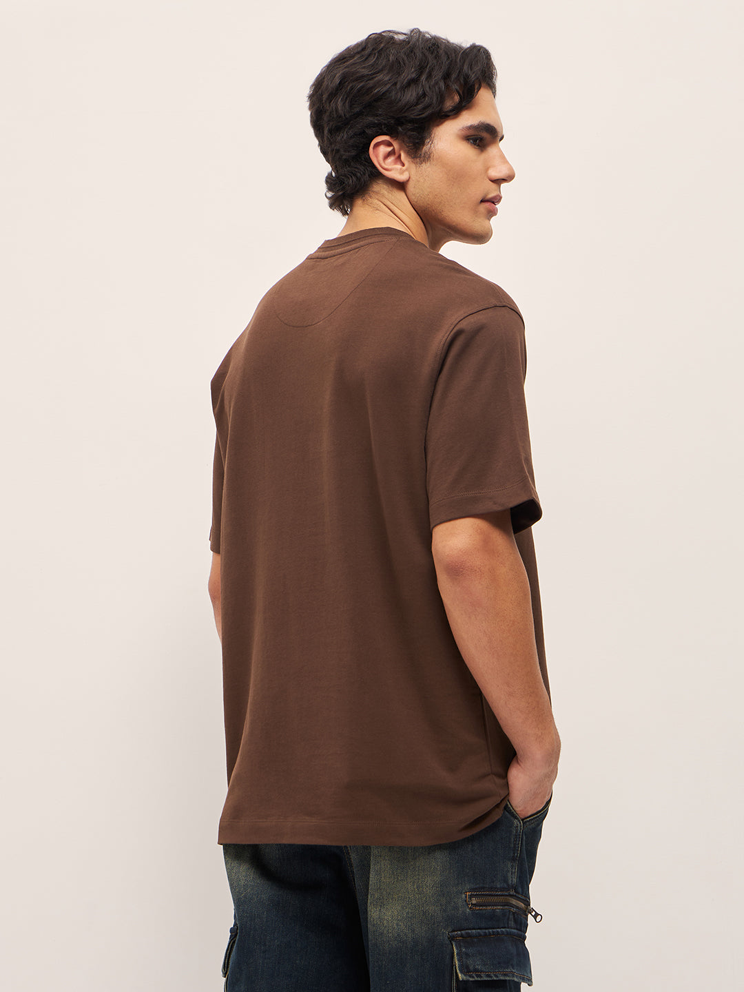 Men Brown 3D graphic Design Crew Neck Oversize T-Shirt