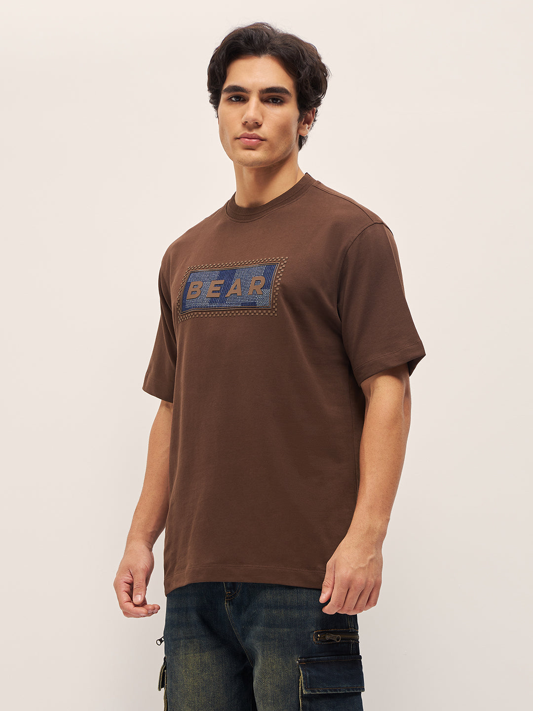 Men Brown 3D graphic Design Crew Neck Oversize T-Shirt